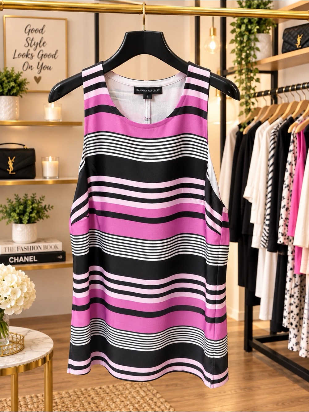 Banana Republic Pink, Black & White Striped Sleeveless Tank